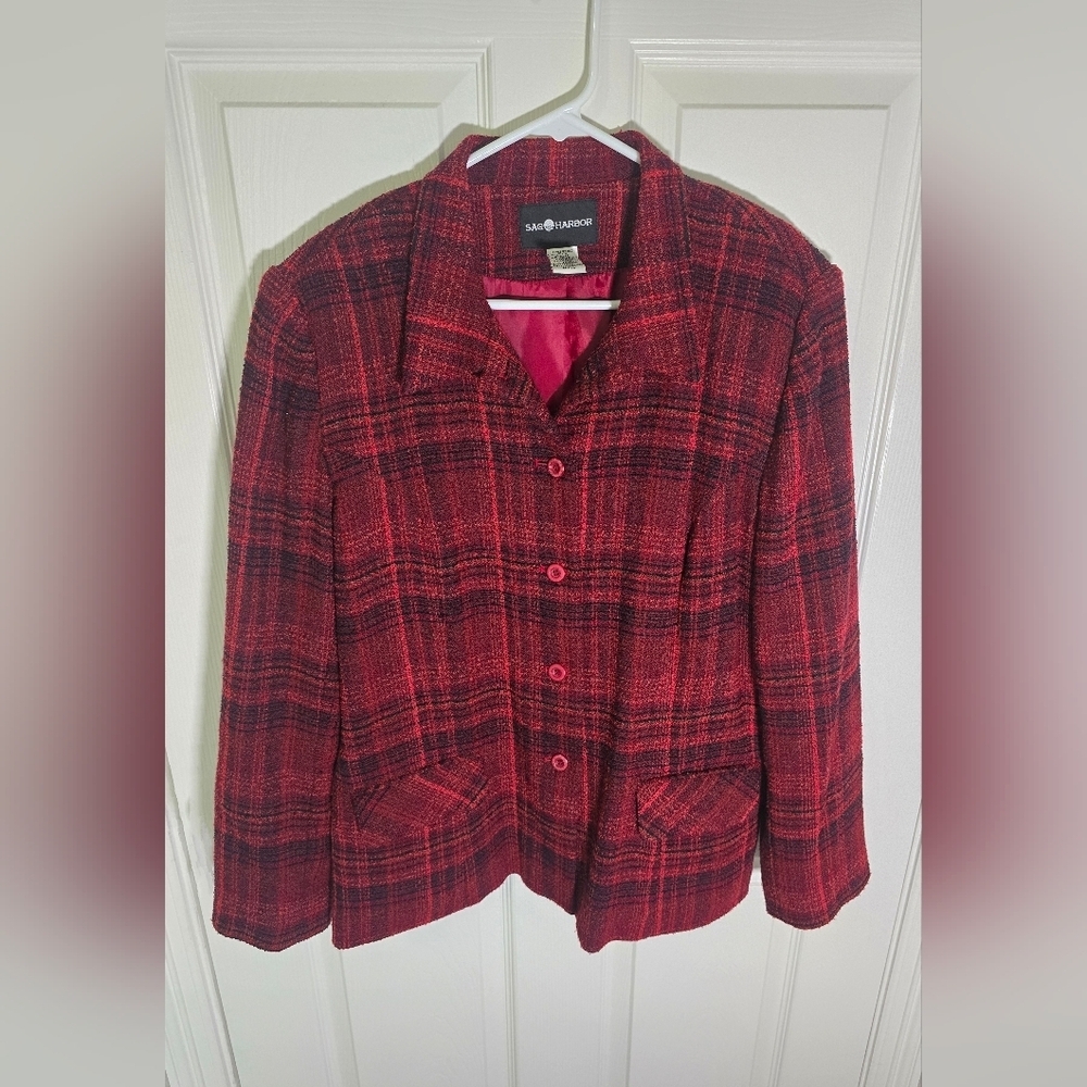 Sag Harbor Womens Red Plaid Suit Jacket Blazer Size 12